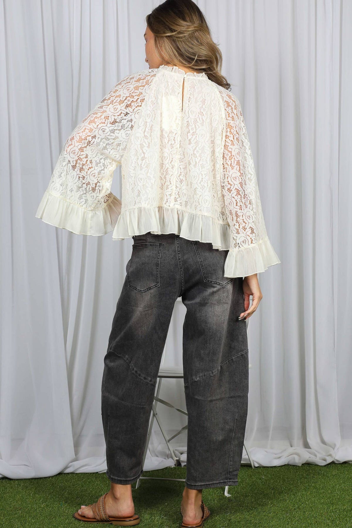 Vine & Love - Ruffle Neck & Hem Bell Sleeve Loose Lace Blouse Top VT83170