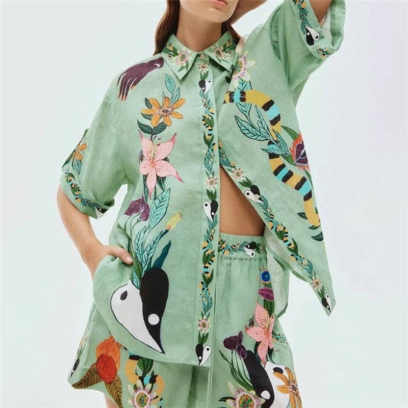 Relaxed Fit Printed Short Sleeve Shirt And Shorts Set: GREEN / XL