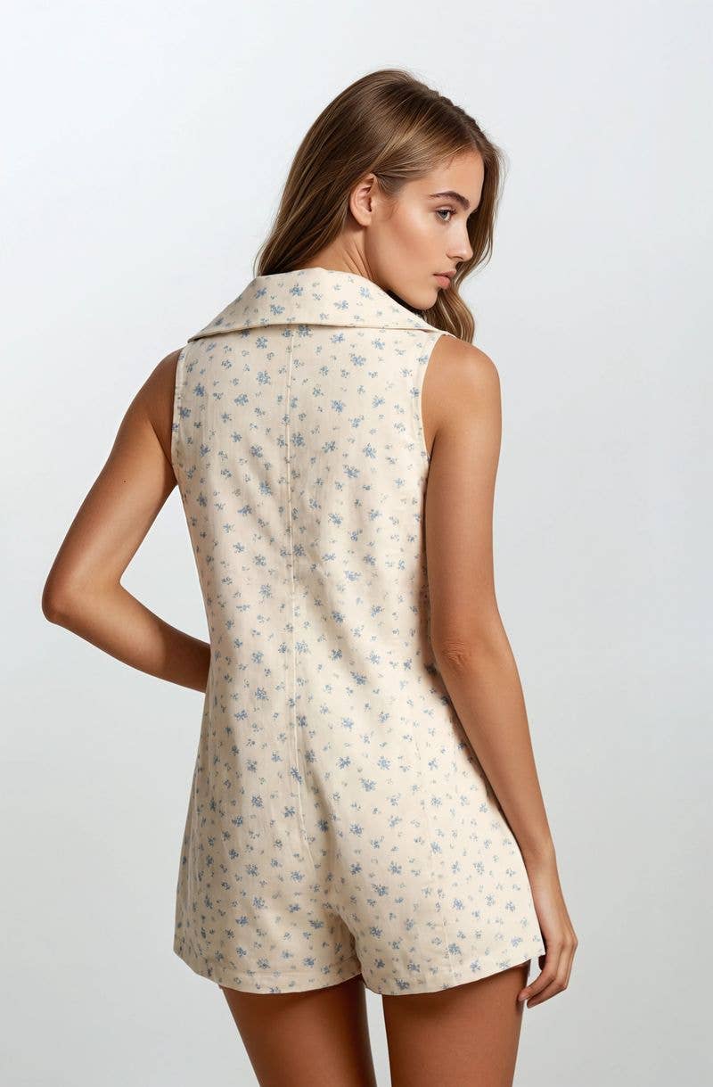 Chambray Floral Button-Front Sleeveless Romper