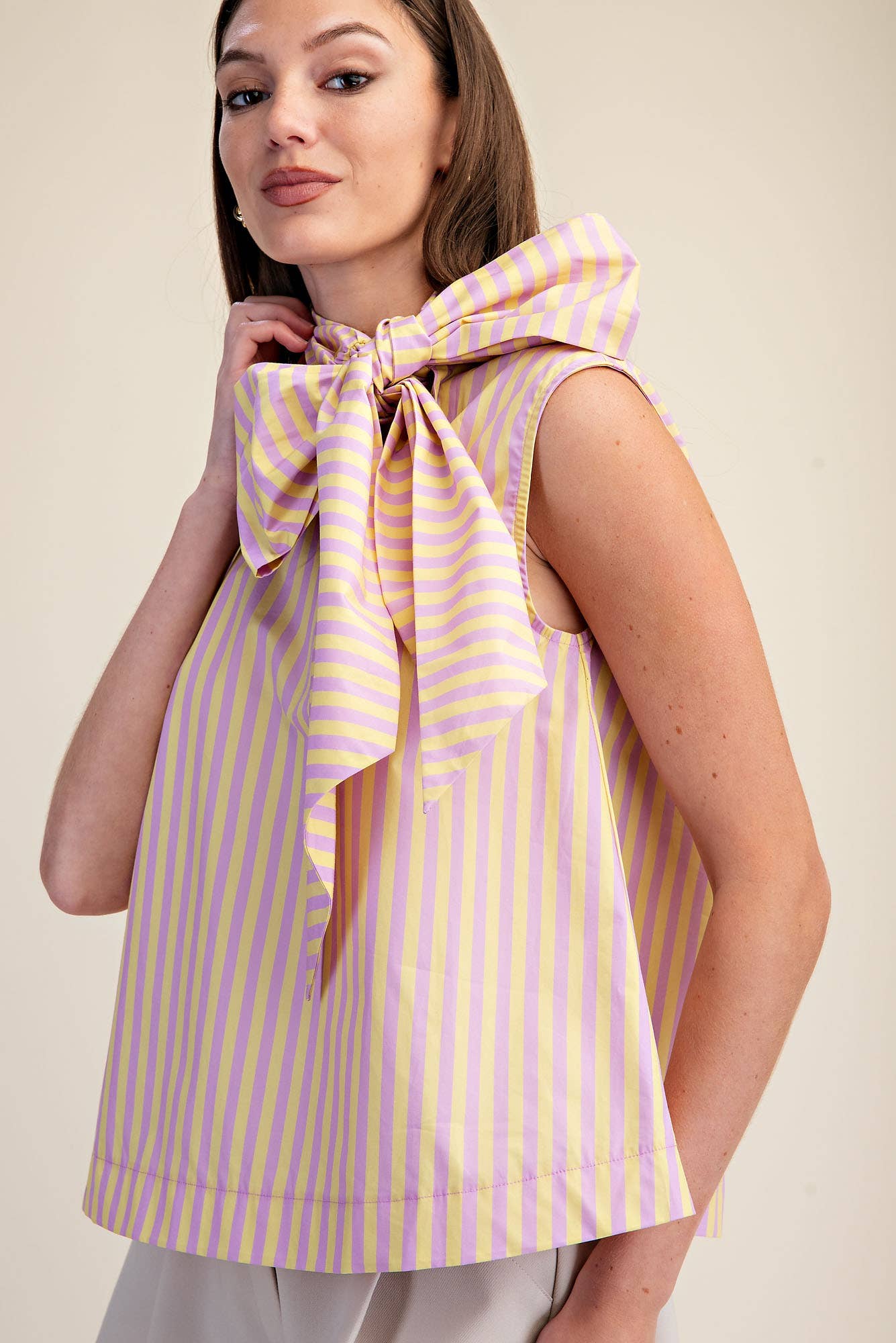 Glam - Tie Neck Sleeveless Stripe Top