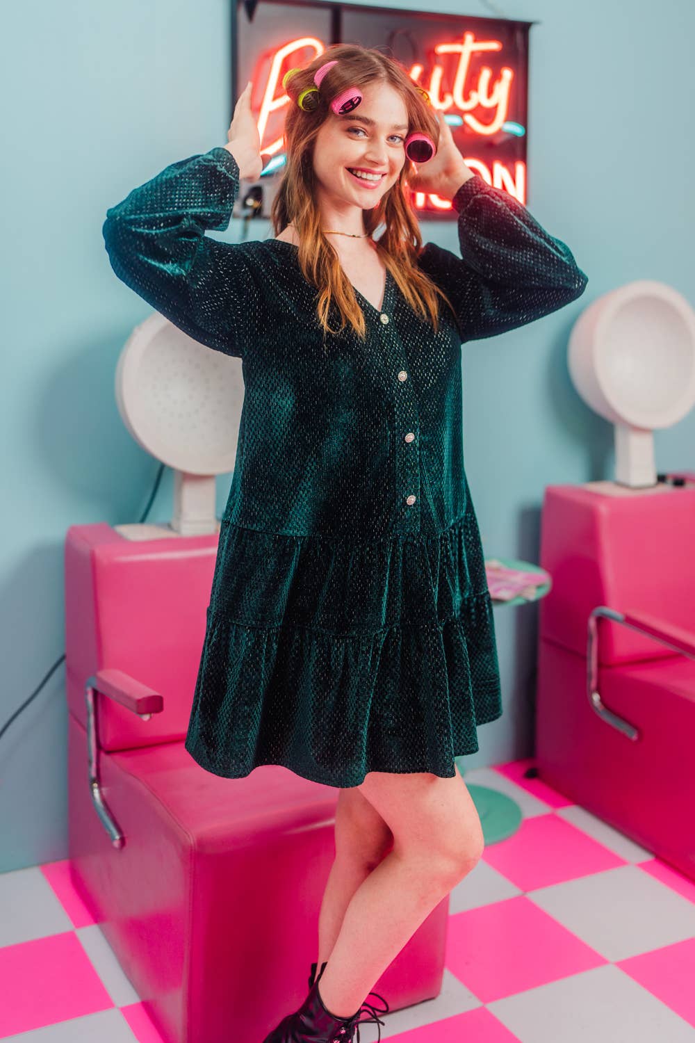 VERY J - ND31003-Tiered Textured Woven Holiday Velvet Mini Dress
