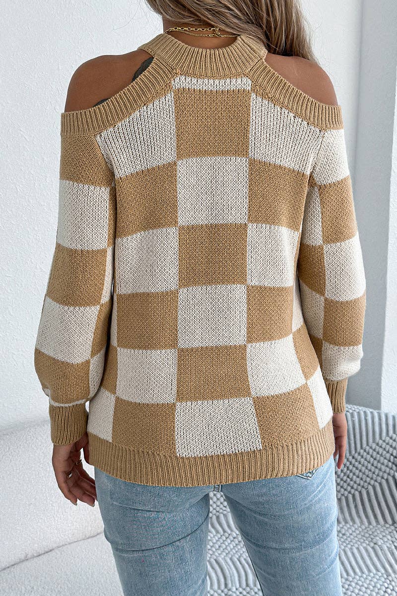 Mccolin - Chic Cutout Checkerboard Sweater