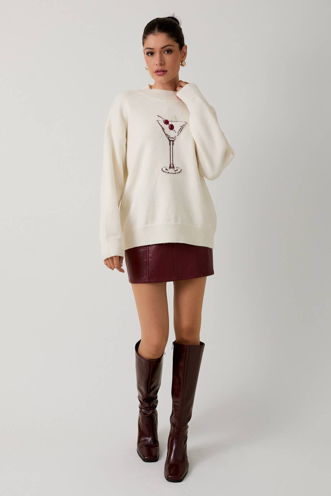 Sunday Edition by LE LIS - MOCK NECK LONG SLEEVE "CHERRY MARTINI" GRAPHIC SWEATER
