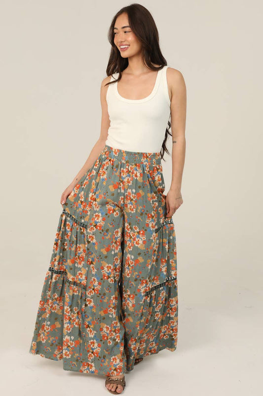 ANGIE - 25R84-A854 FLORAL PRINT WIDE LEG PANTS WITH LACE INSERTS
