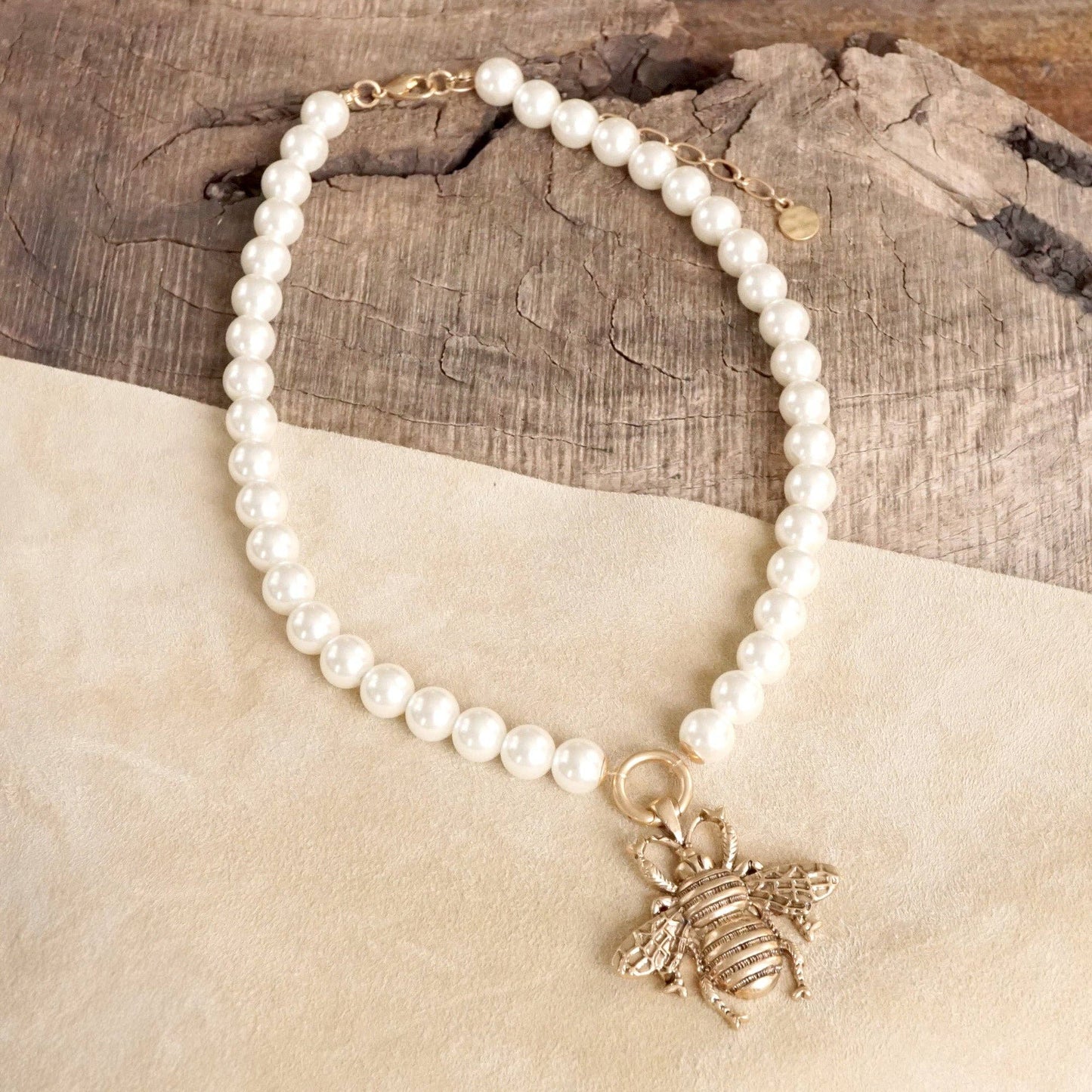 PennyLine inc - Boho Bee Pearls Statement Timeless Necklace in Worn Gold