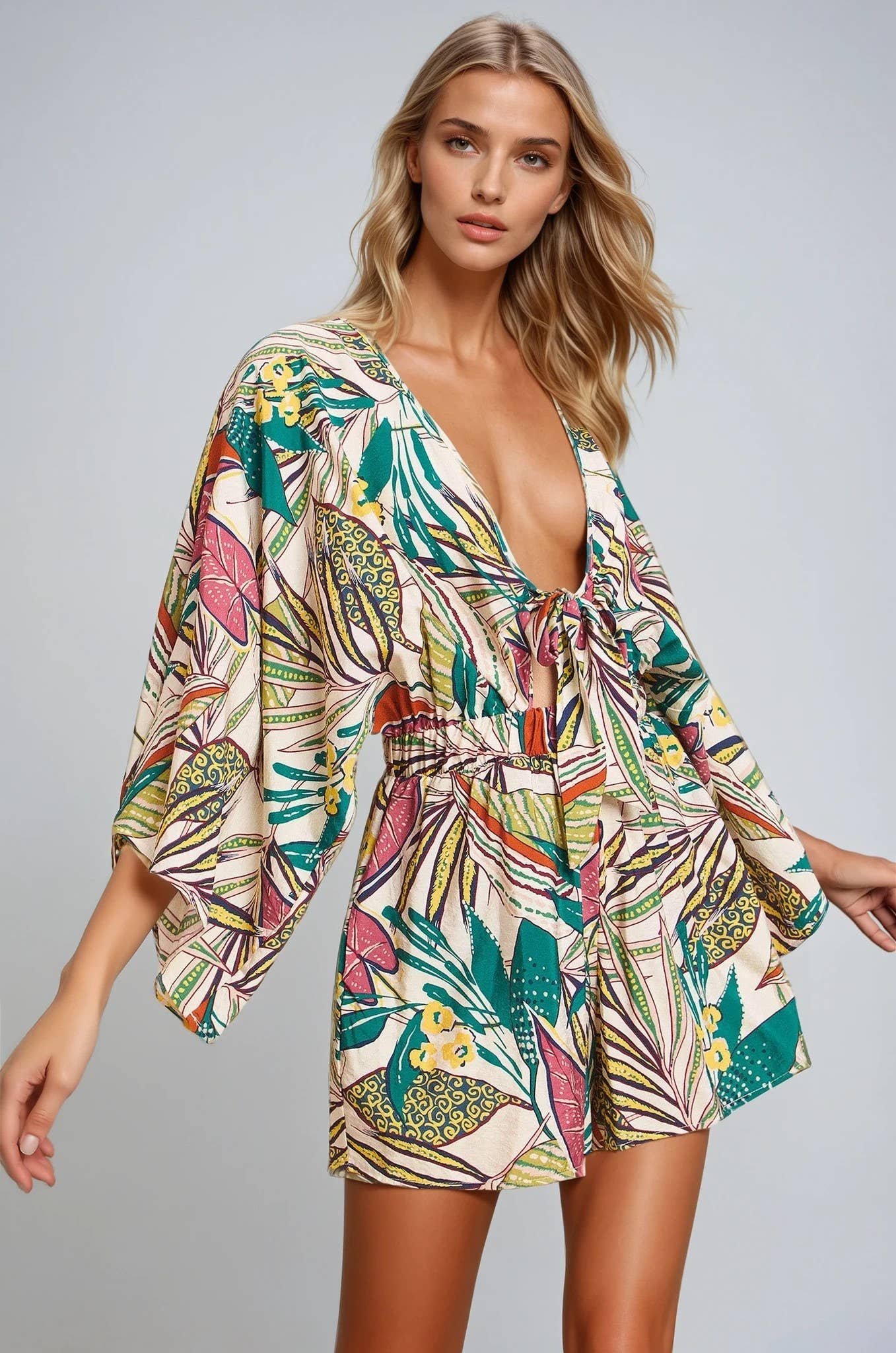 BATWING SLEEVED BOHO TROPICAL PRINT ROMPER 4411RH : IVORY MULTI / L