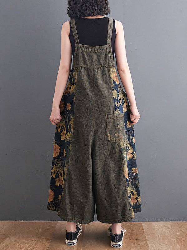 Oversize Wide Leg Floral Printed Split-Joint Overalls: DEEP BLUE / XL