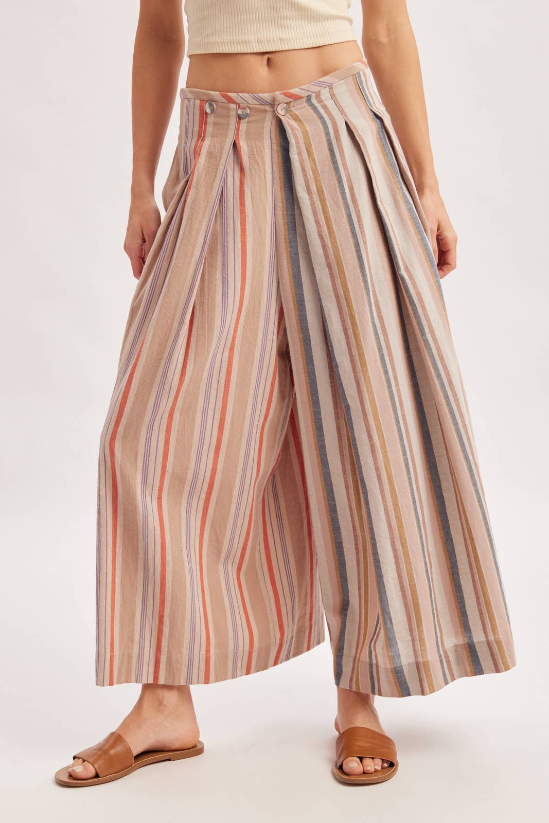 Bluivy - MULTI-STRIPE PLEATED FRONT WIDE-LEG PANTS