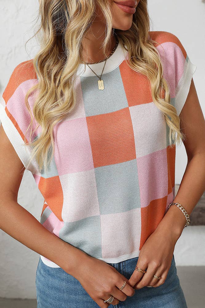 UNISHE - Cropped Color Block Crewneck Knit Checkerboard Sweater MD167