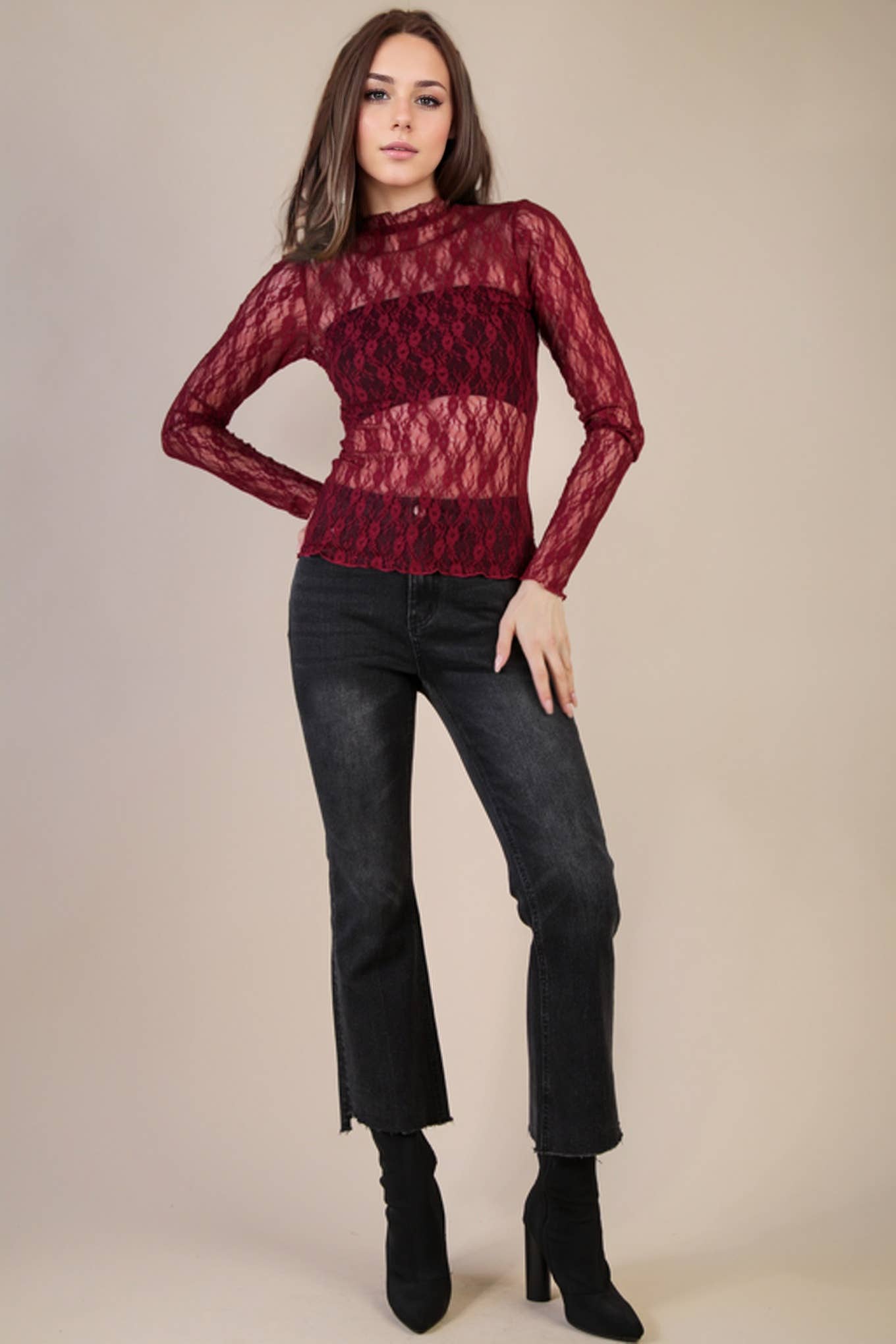 VERY J - NT12220-High Neck Fitted Sheer Mesh Lace Knit Top