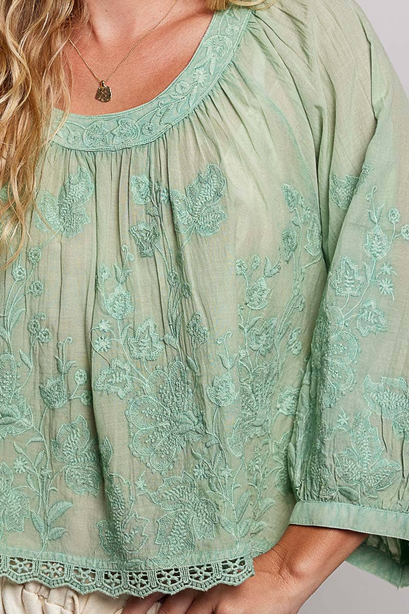 Floral Embroidered Lace Hem Boho Blouse