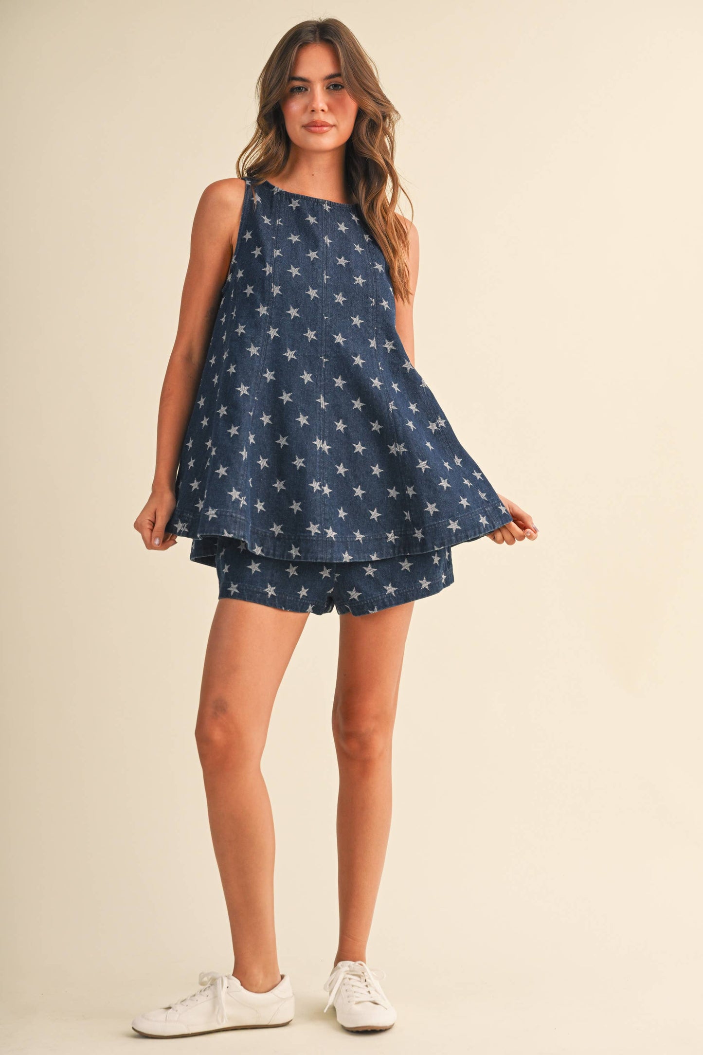 Klesis - IST6095-C STAR DENIM TRAPEZ SLEEVELESS TOP AND SHORTS