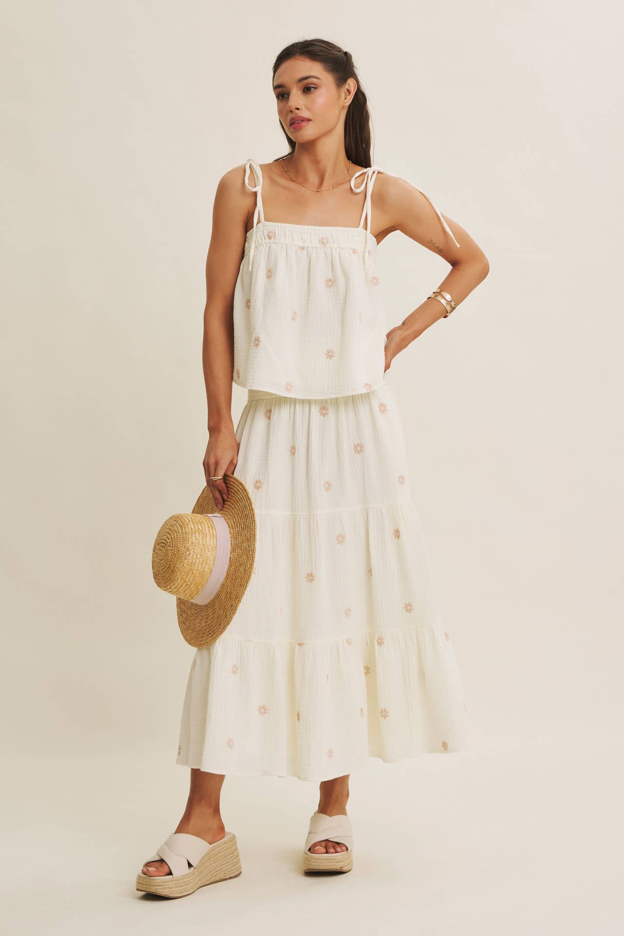 in february - SUNSET FIELD EMBROIDERED COTTON GAUZE TANK WITH TIE STRAPS