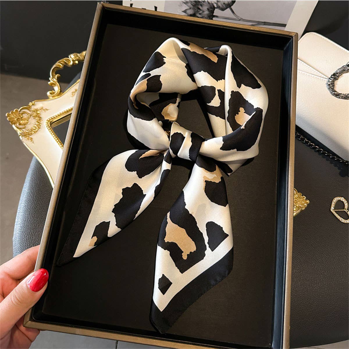 ACCITY - Leopard Print Satin Square Scarf, Hair Wrap_CWASC1425