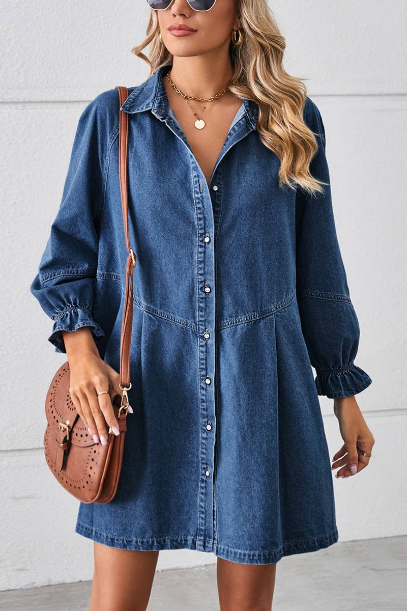 Lily Clothing - Loose wash long sleeve denim single breasted short dress