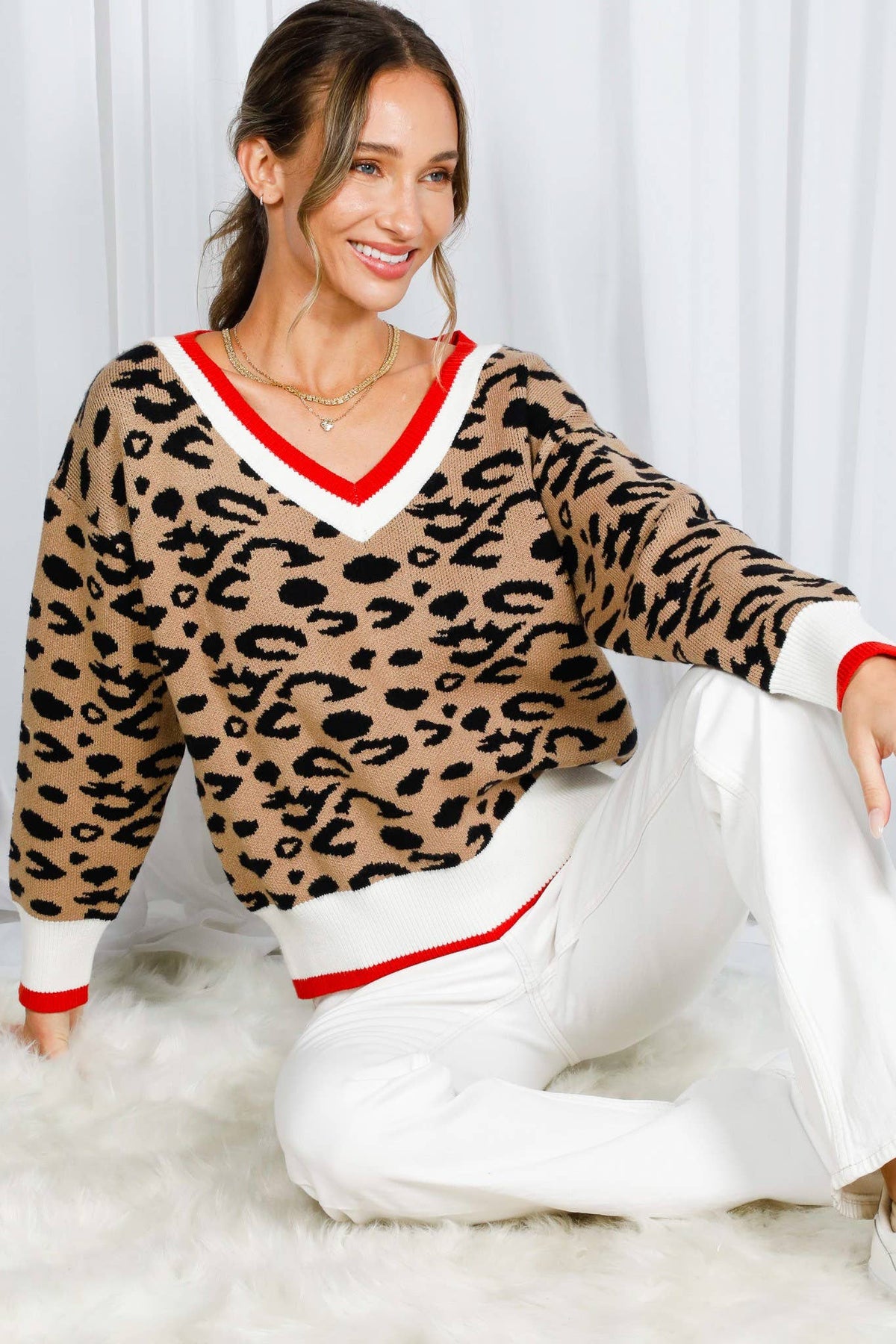 Vine & Love - Leopard Pattern V-Neck Contrast Rib Knitted Sweater VT82601