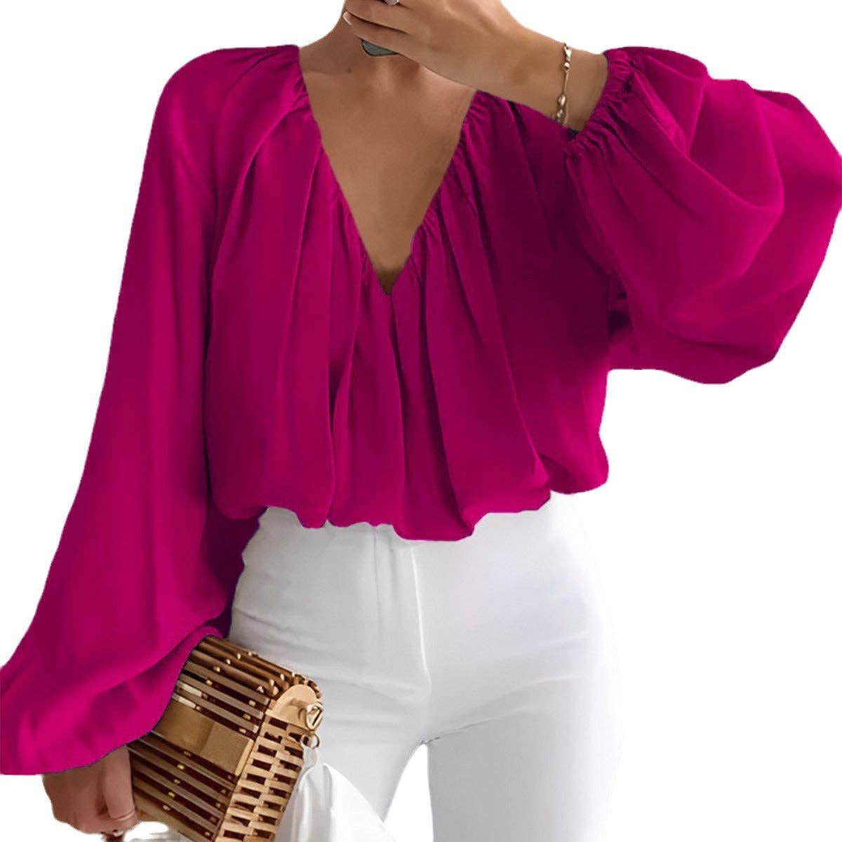 Printed V-Neck Long Sleeve Shirt Elegant Women's Loose Solid: Yellow / XL