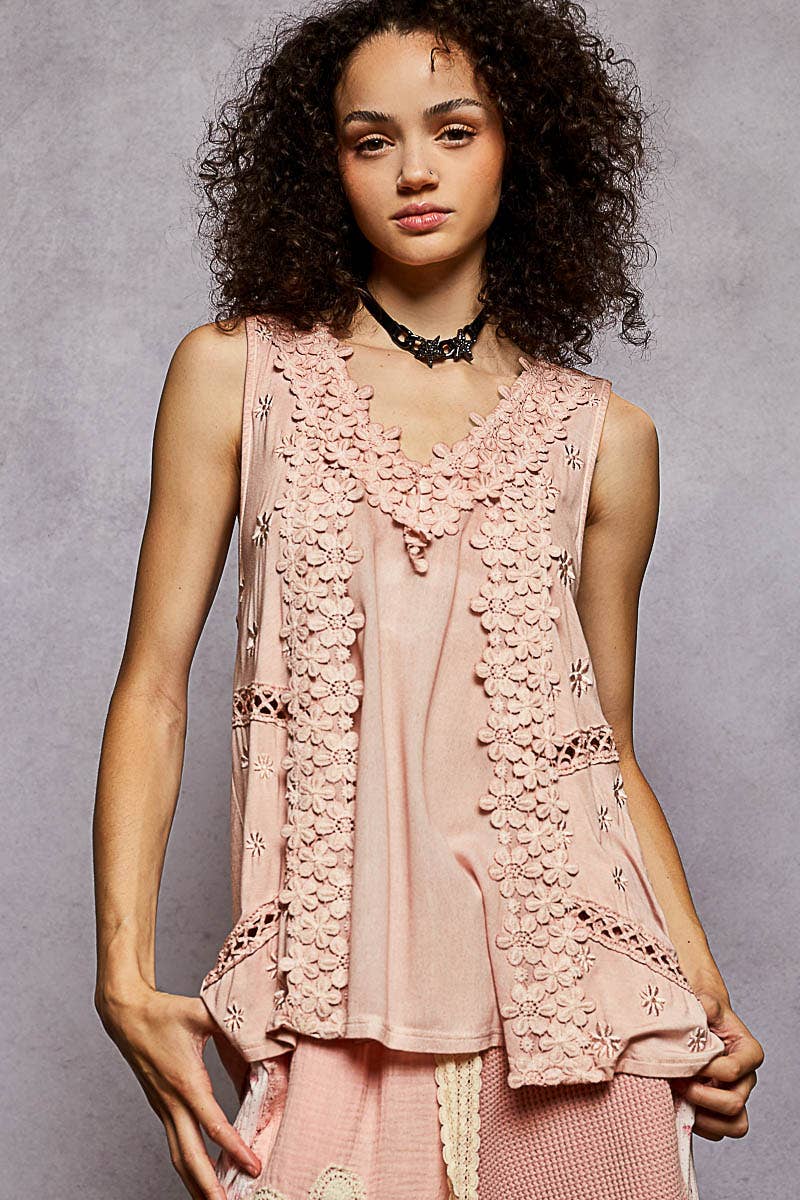 Pol Clothing - Sleeveless contrast floral lace crochet detail v-neck top