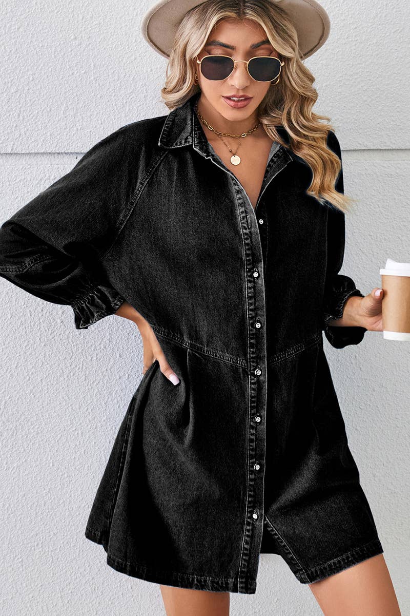 Lily Clothing - Loose wash long sleeve denim single breasted short dress