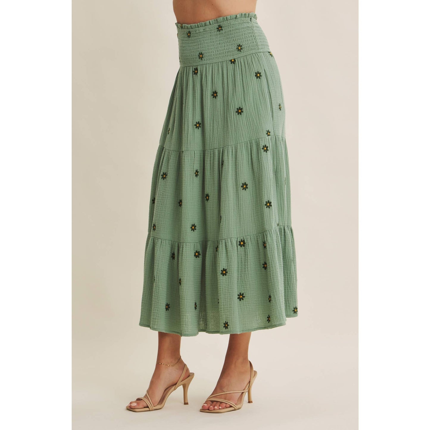 in february - SUNSET FIELD EMBROIDERED COTTON GAUZE SMOCKED MIDI SKIRTS