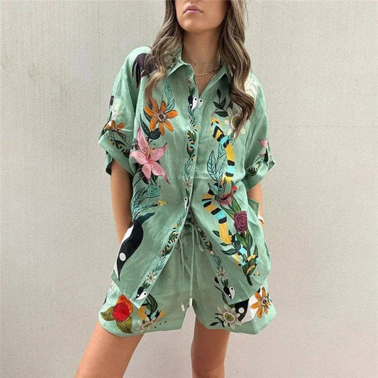 Relaxed Fit Printed Short Sleeve Shirt And Shorts Set: GREEN / XL