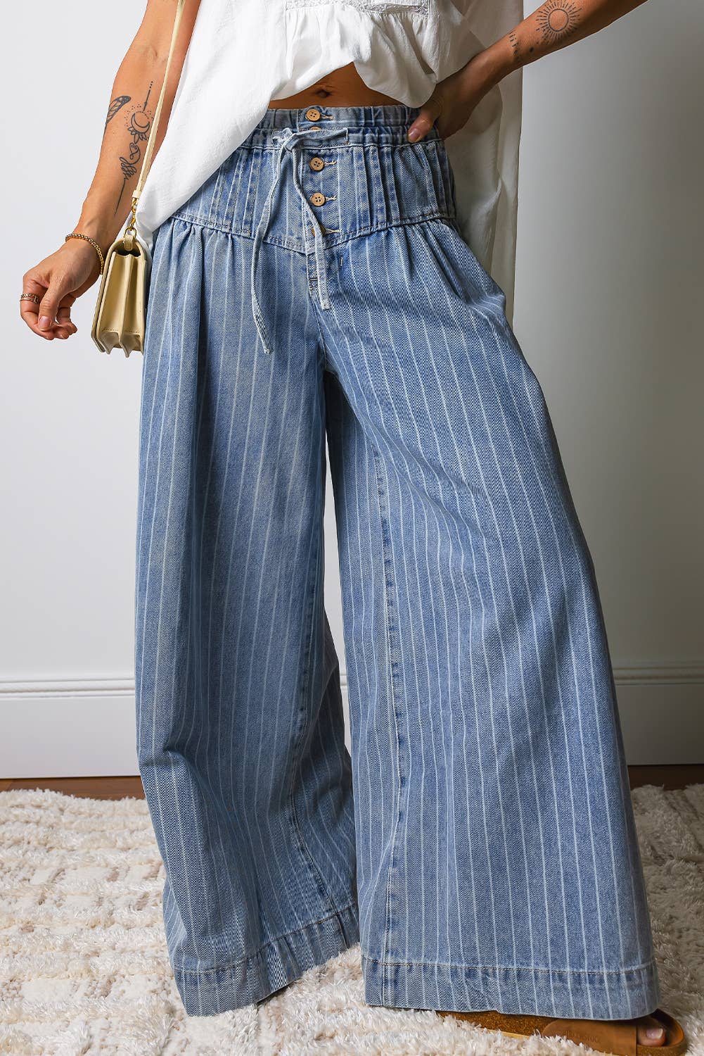 66DISCO - Button Pleated Drawstring Waist Casual Wide Leg Jeans