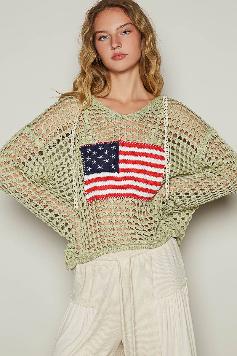 Long sleeve American flag hoodie thin sweater top SALE: SKY BLUE