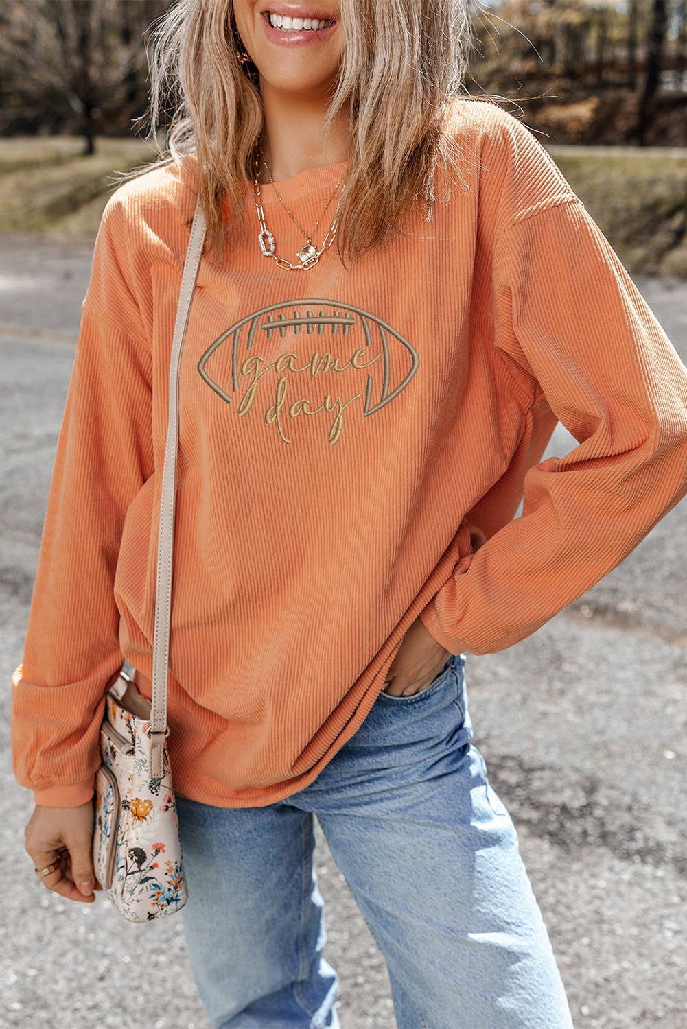 Lovesoft - Apricot Rugby Game Day Embroidered Corduroy Sweatshirt
