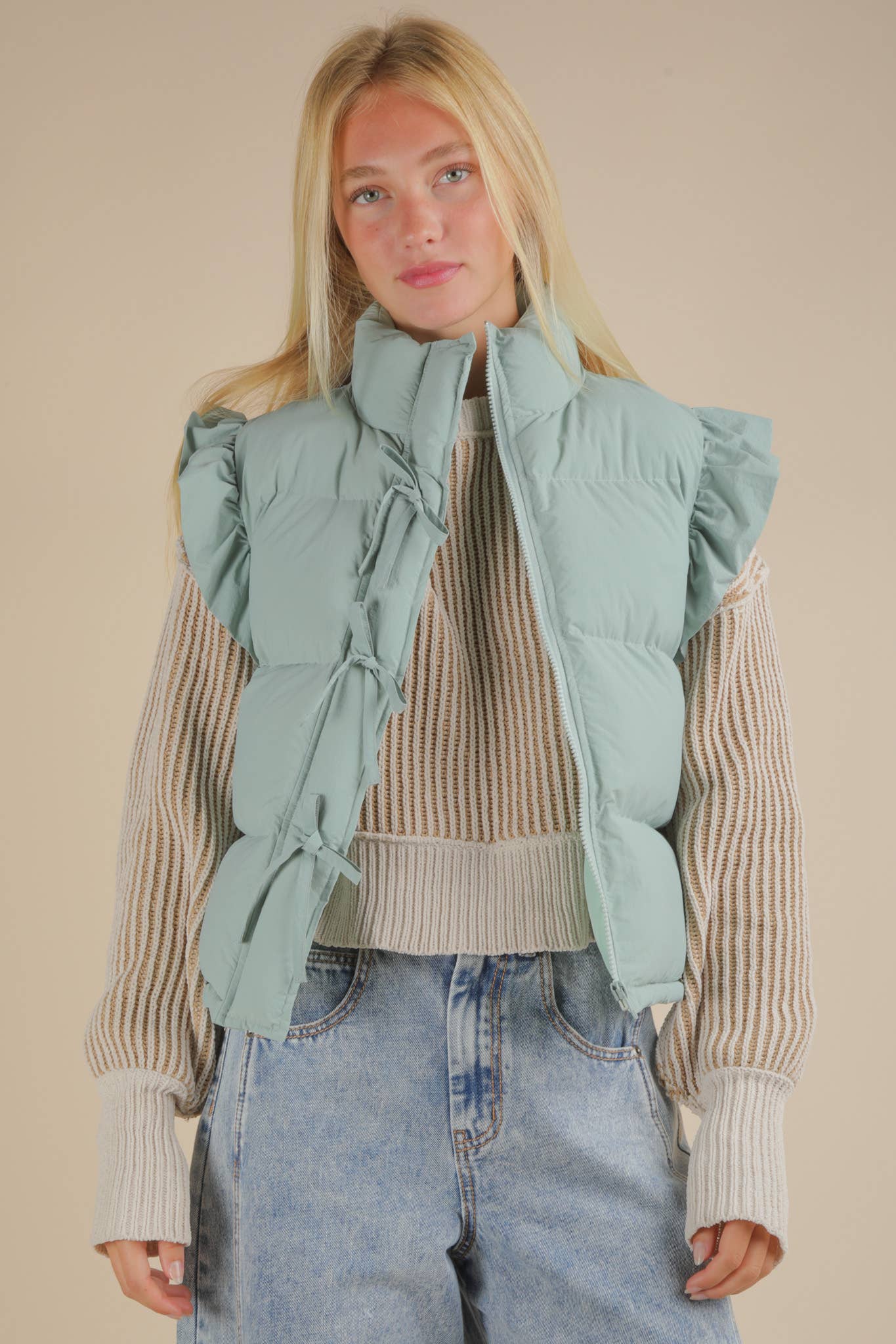 VERY J - NJ90385-Front Bow Ruffle Sleeve Puffer Vest