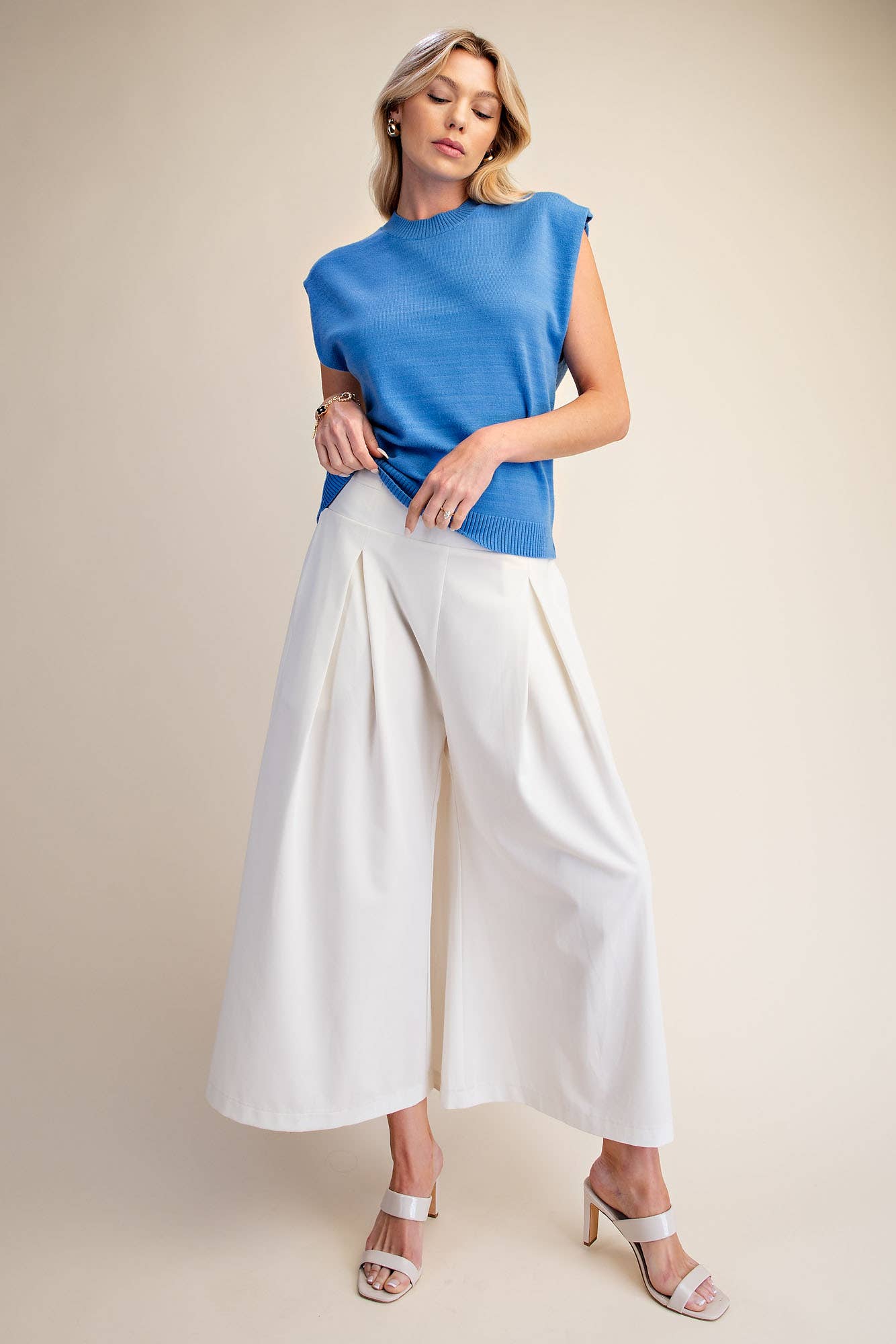 Glam - Wide Leg Pleated Crop Pants High Waist Band