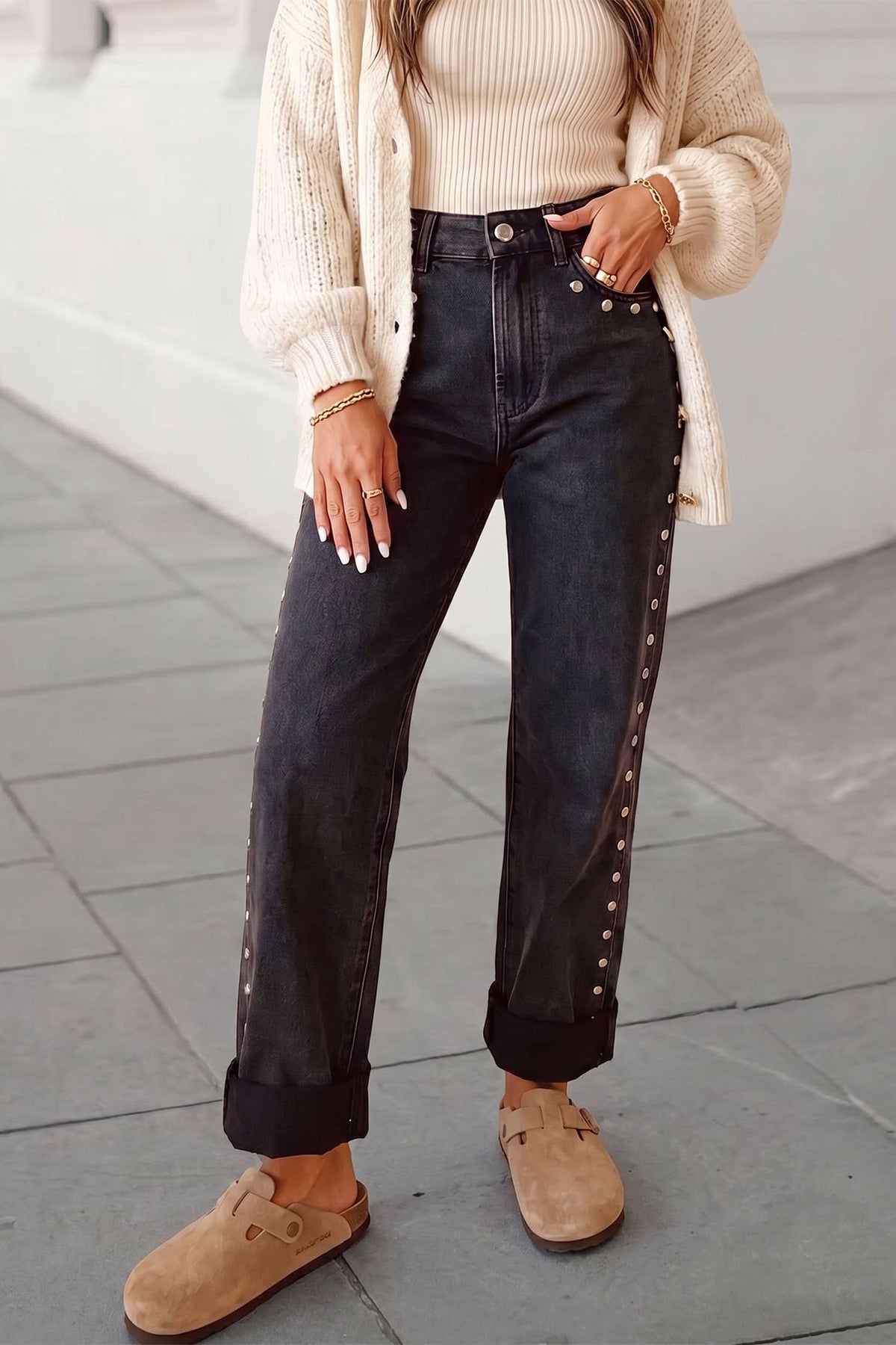 Aapparella - Solid Studded Detail Straight Leg Loose Jeans | 4-16