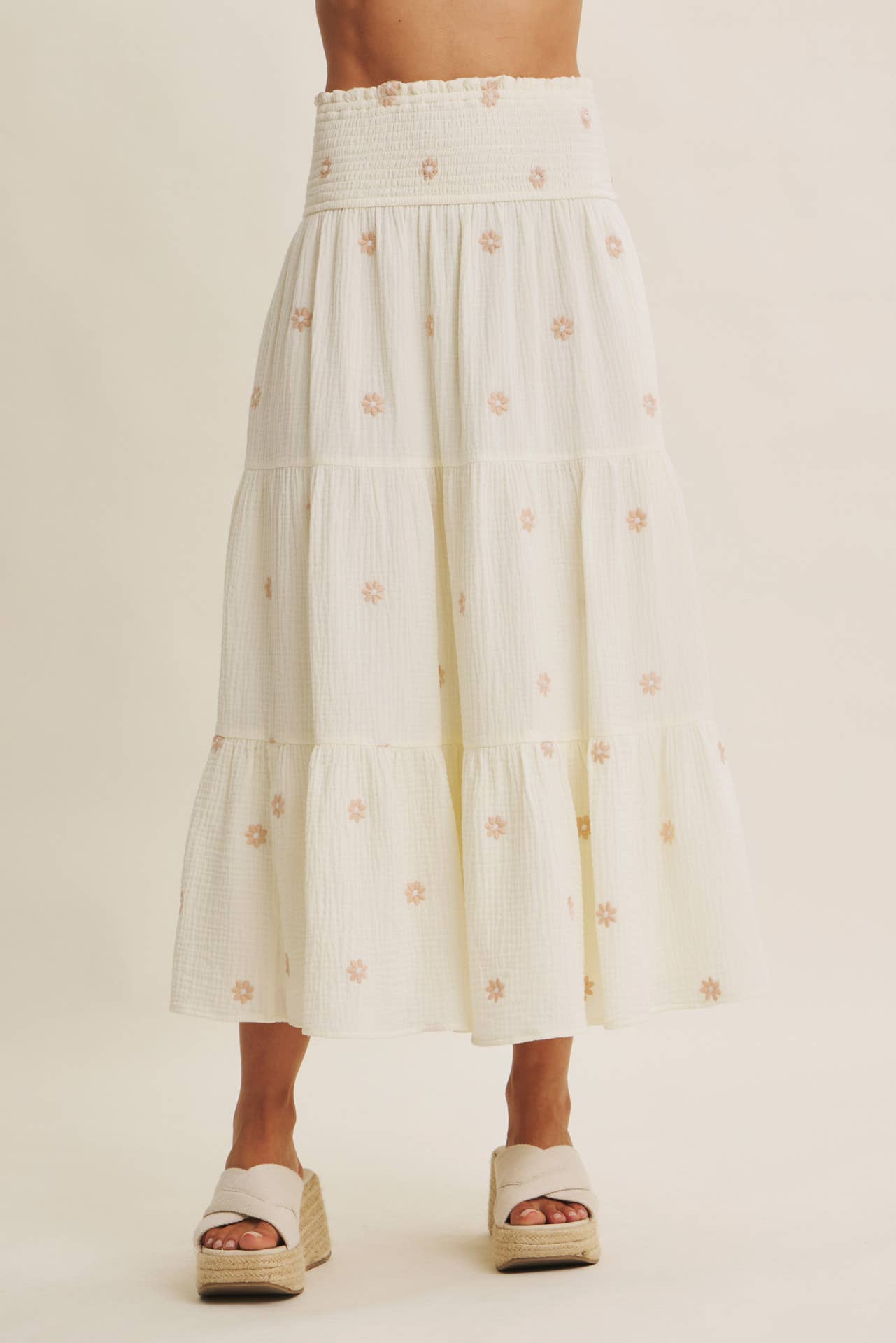in february - SUNSET FIELD EMBROIDERED COTTON GAUZE SMOCKED MIDI SKIRTS