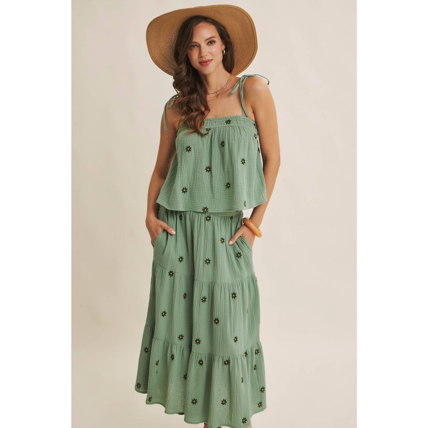 in february - SUNSET FIELD EMBROIDERED COTTON GAUZE TANK WITH TIE STRAPS
