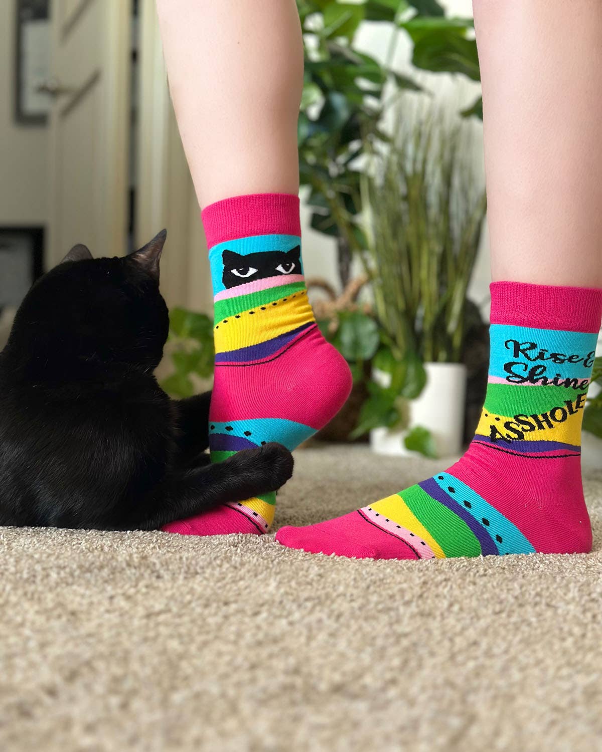 Fabdaz - Rise and Shine Asshole Women's Crew Socks With Cats
