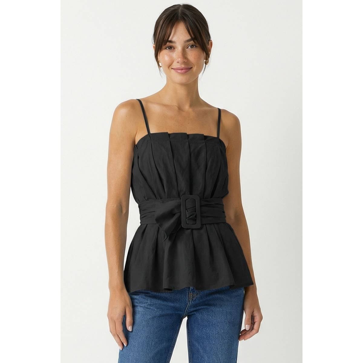 Black Buckle Pleated Sleeveless Top