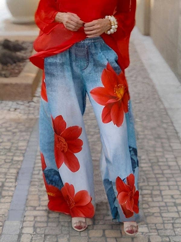 Loose Wide Leg Flower Print Jean Pants Bottoms Trousers: RED / XL