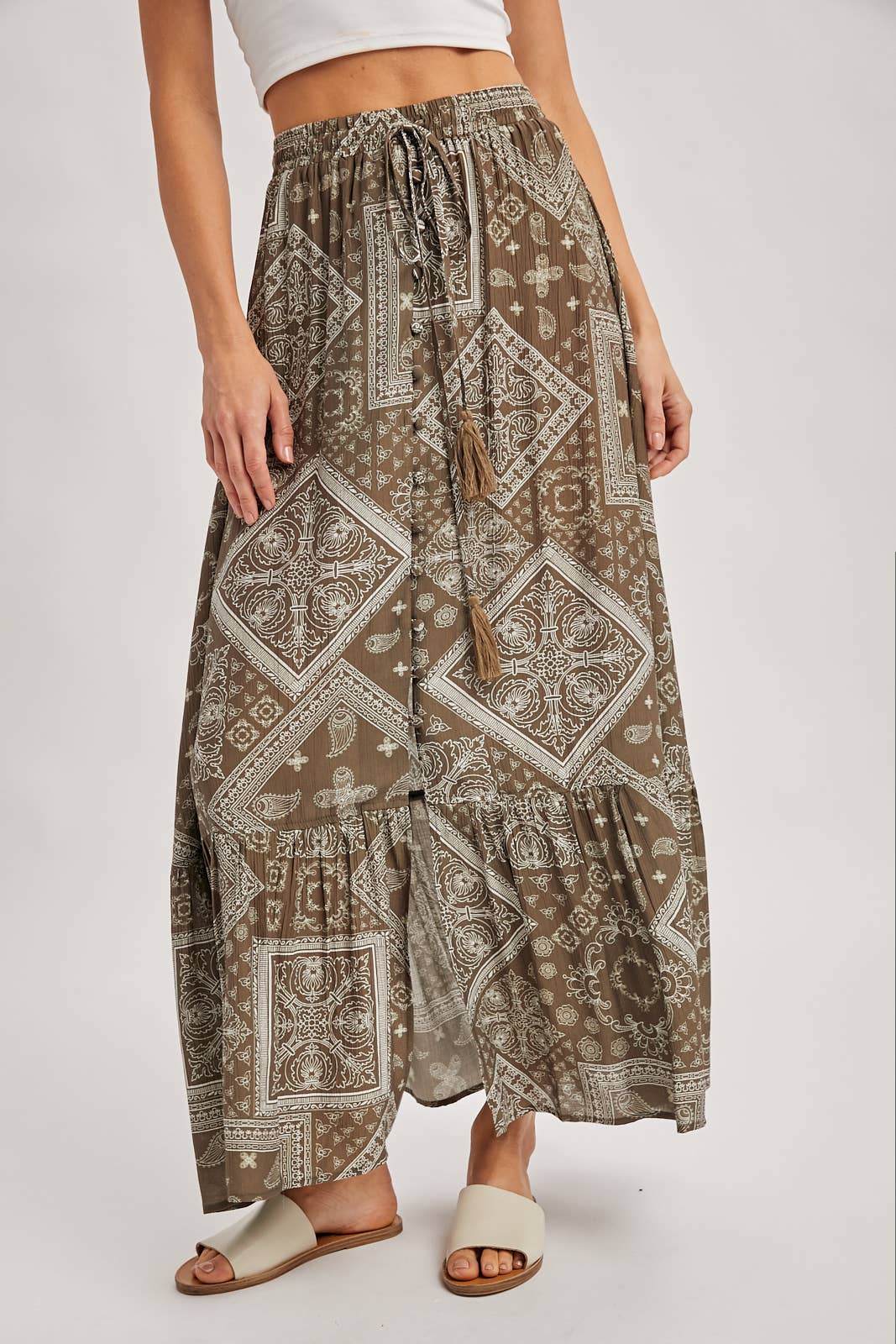 Bluivy - BOHO PRINT TIERED BUTTON DOWN FRONT MAXI SKIRT