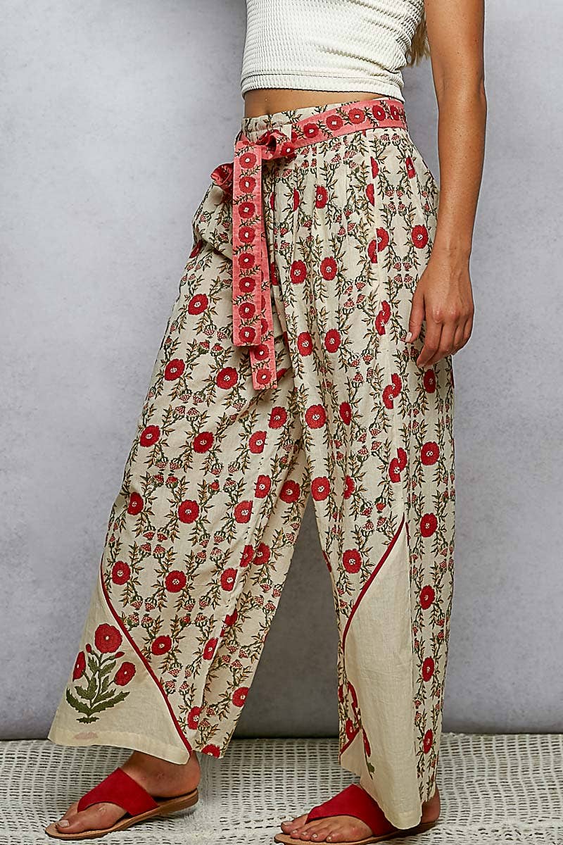 Pol Clothing - Waist Belt Floral Pattern Straight Fit Pants