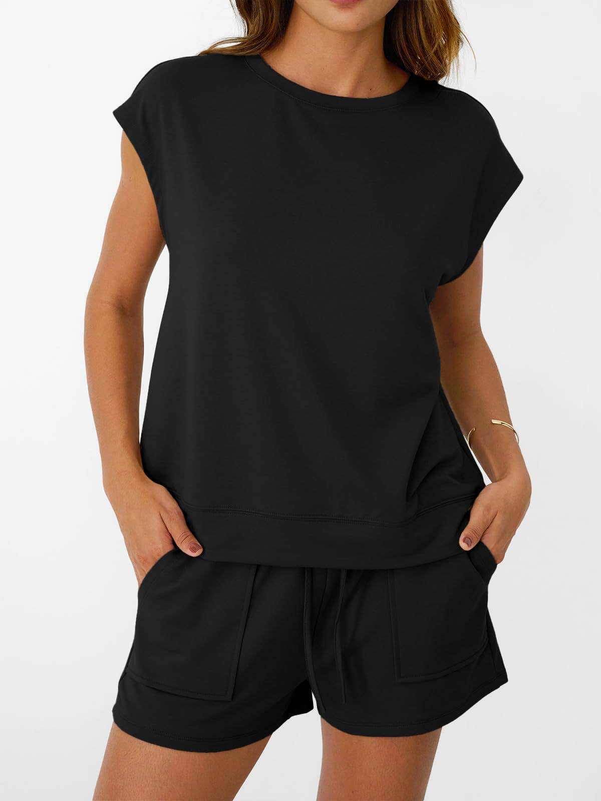 Suhkasana - Casual Lounge Set Cap Sleeve Top Drawstring Shorts