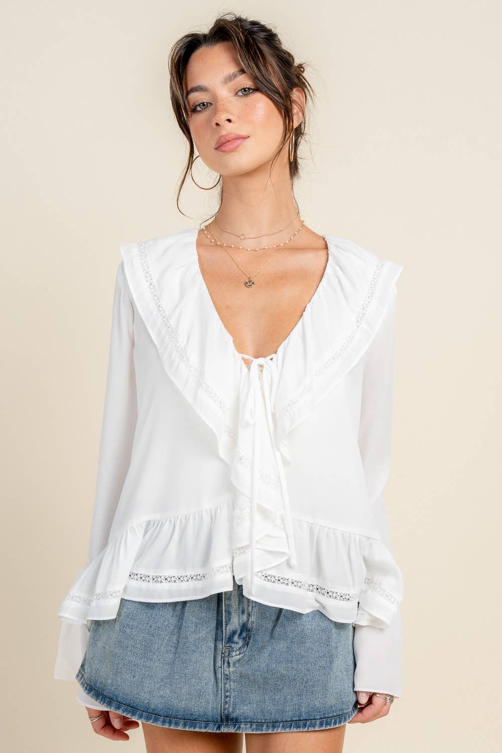 BEIVY & COLLABO - BT3303E /BOHO TRUMPET SLEEVE BLOUSE W/ CASCADE RUFFLE & LACE