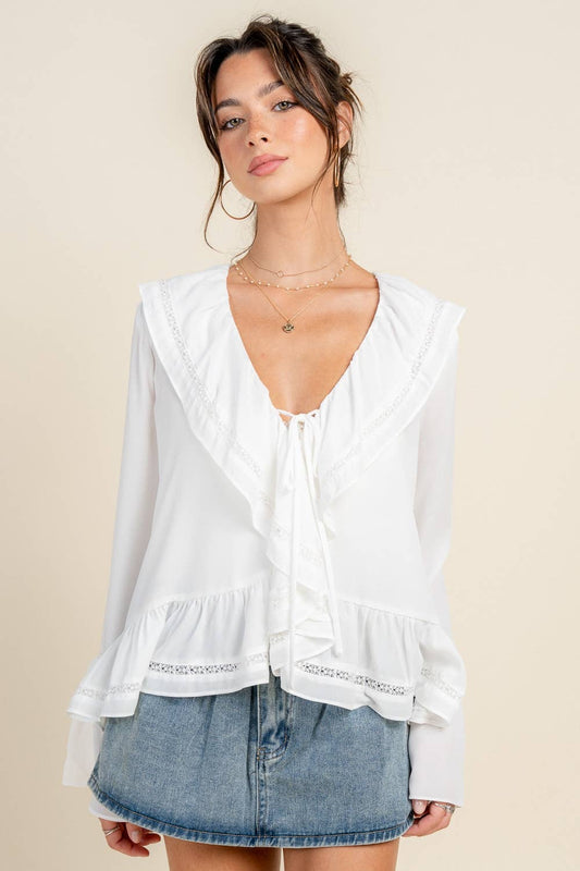 BEIVY & COLLABO - BT3303E /BOHO TRUMPET SLEEVE BLOUSE W/ CASCADE RUFFLE & LACE