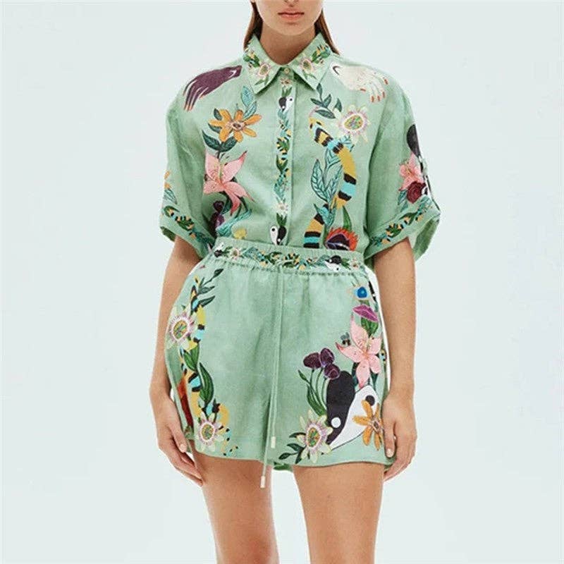 Relaxed Fit Printed Short Sleeve Shirt And Shorts Set: GREEN / XL
