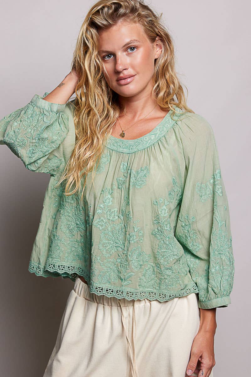 Floral Embroidered Lace Hem Boho Blouse