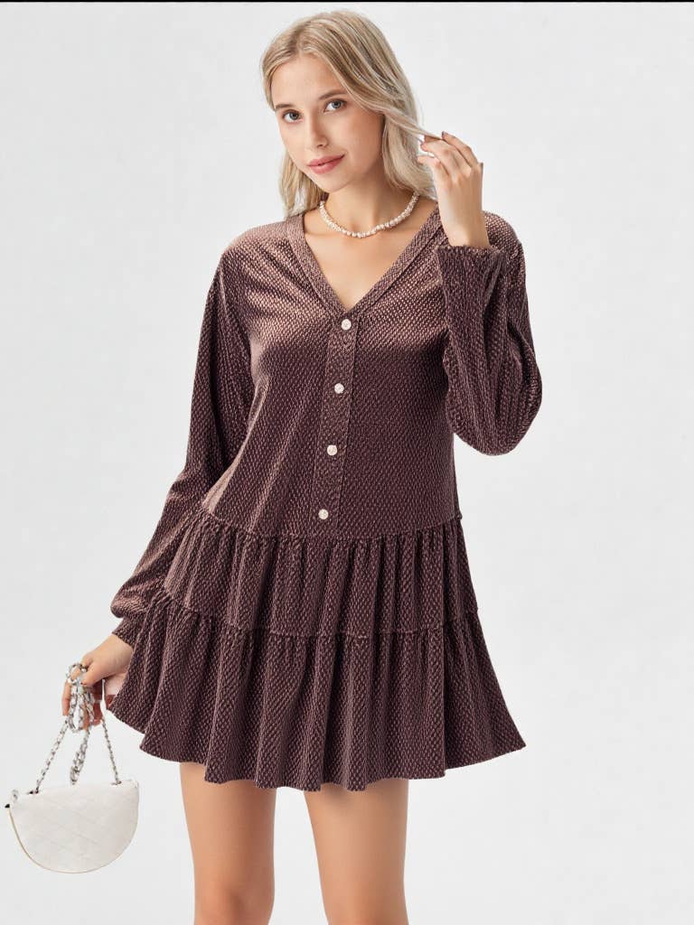 VERY J - ND31003-Tiered Textured Woven Holiday Velvet Mini Dress