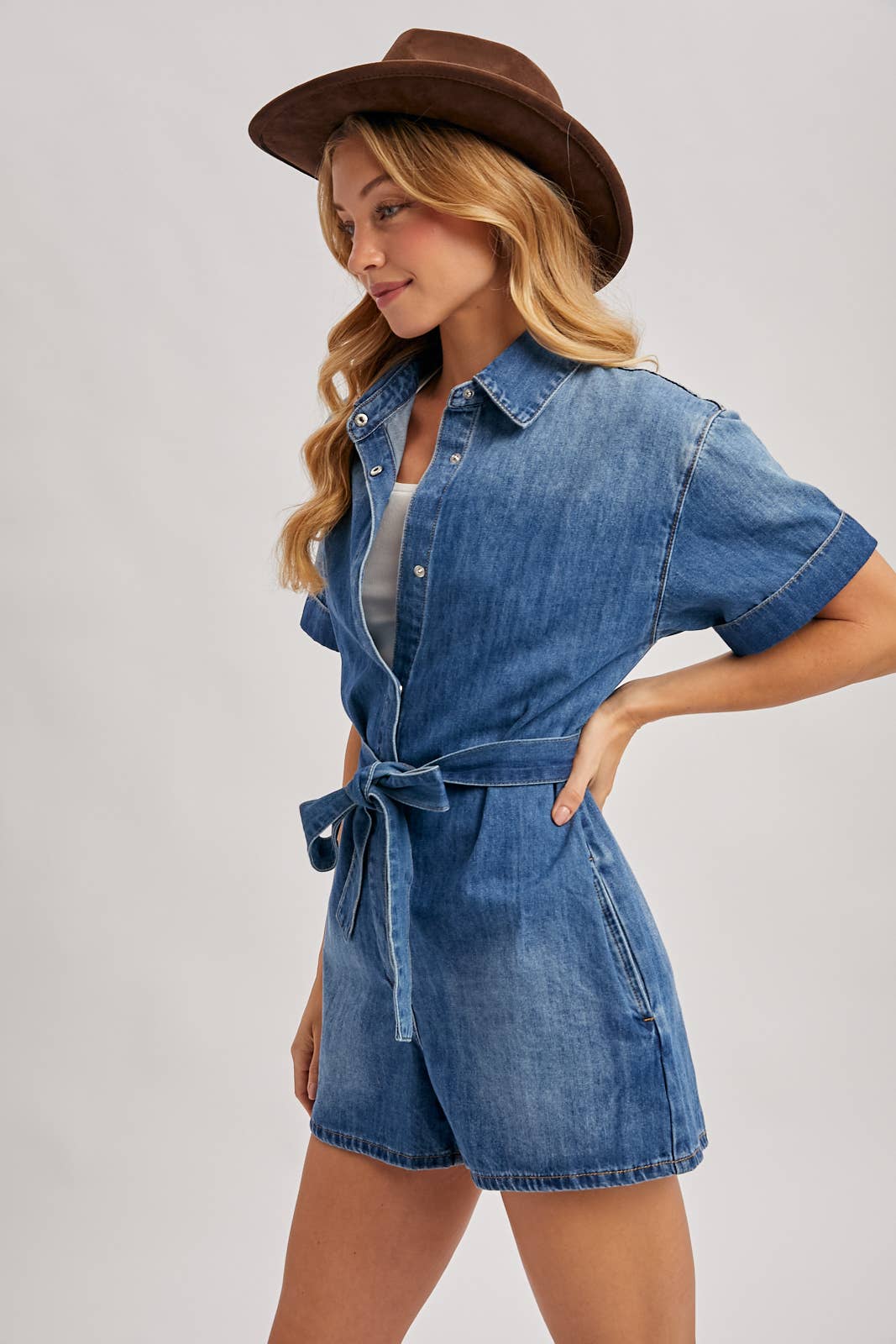 Bluivy - DENIM BELTED BUTTON DOWN SHIRT ROMPER