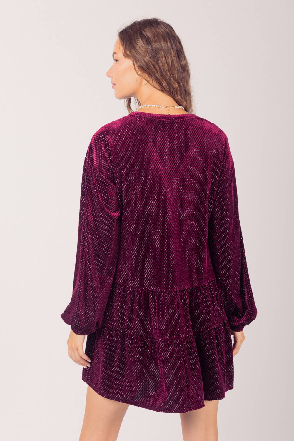 VERY J - ND31003-Tiered Textured Woven Holiday Velvet Mini Dress