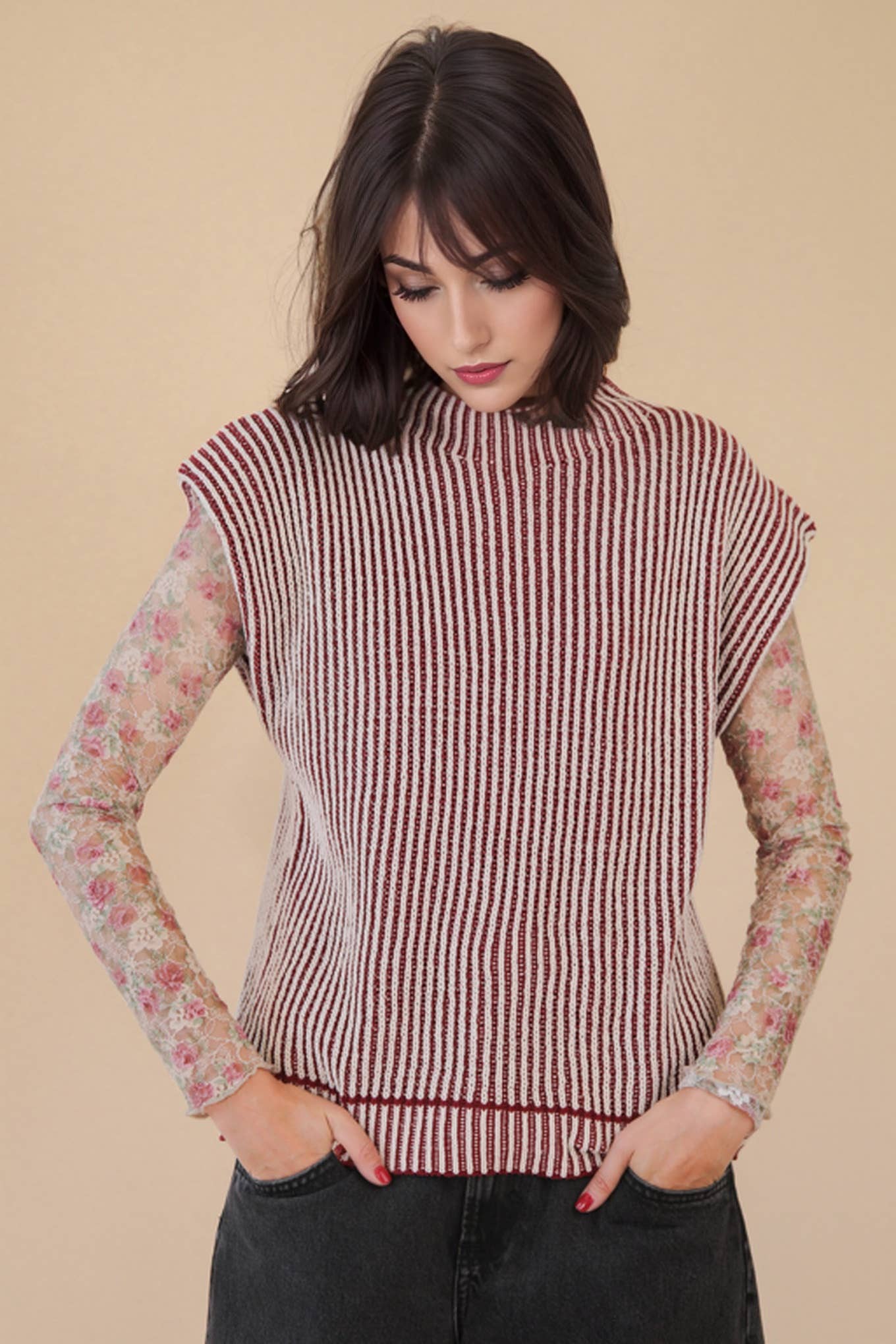 VERY J - 12W3388N-Two Tone Ribbed Knit Sweater Vest