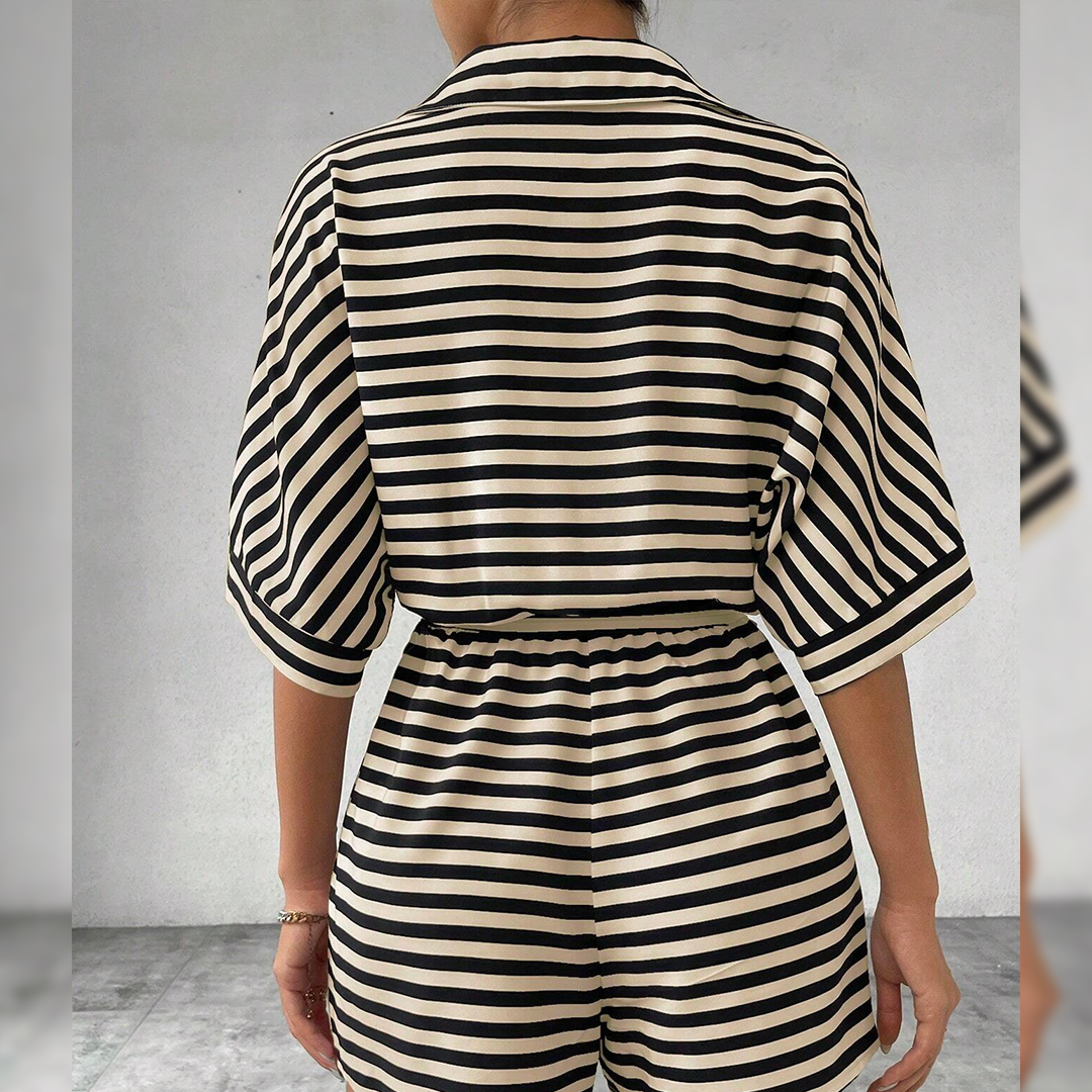 Summer Striped Lapel Button-Up Belted Shorts Romper AXR129: Red / L