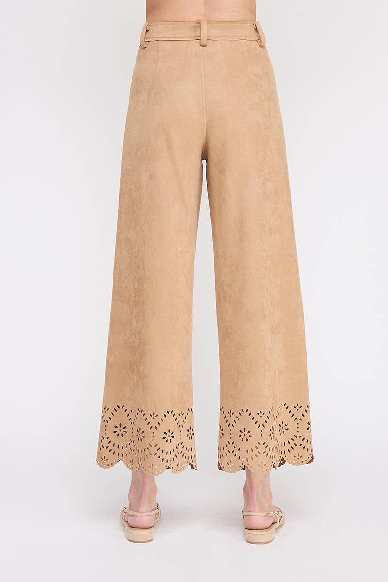 Camel Suede Wide Leg Scallop Pants