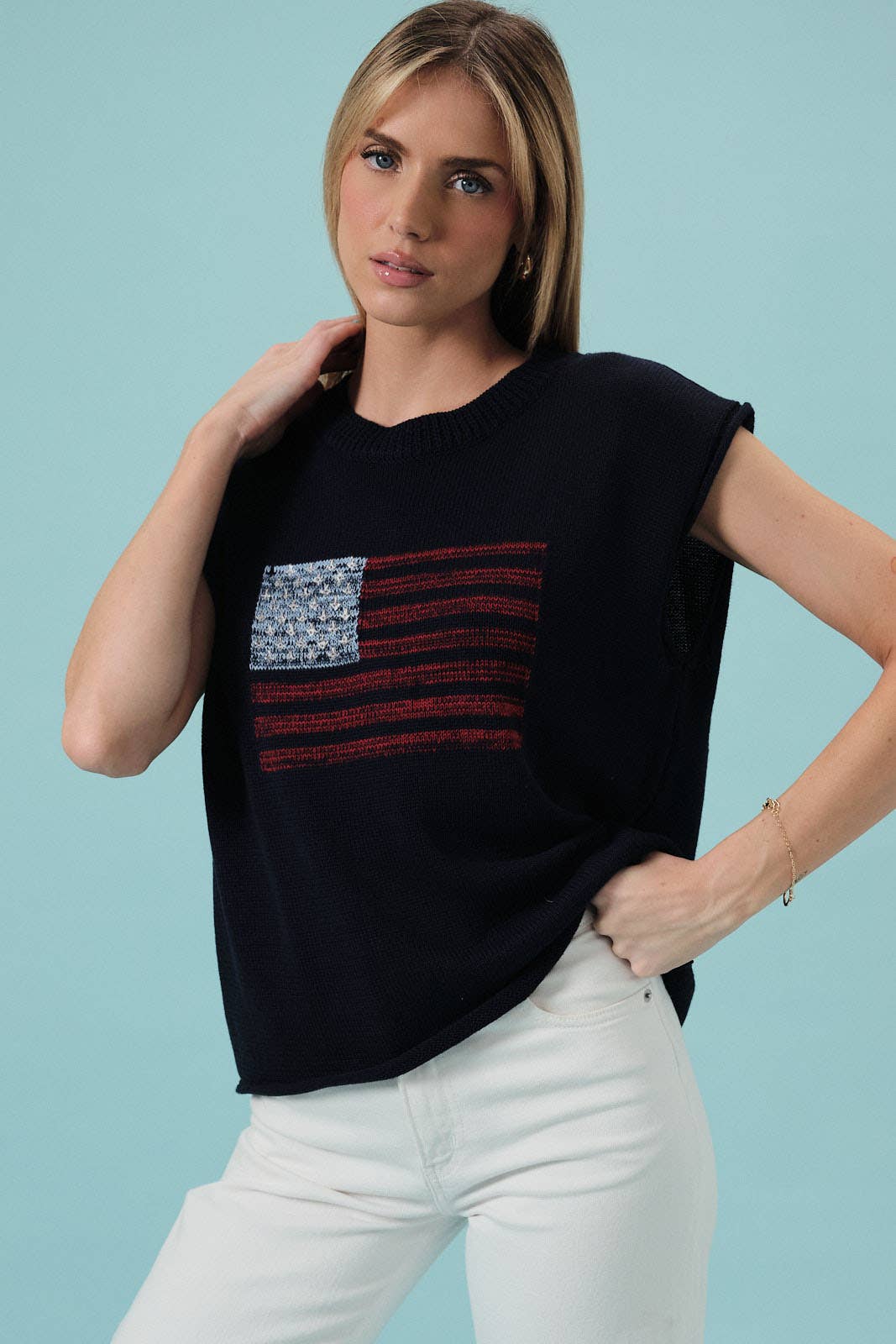 CREW NECK WIDE SHOULDER USA FLAG SWEATER